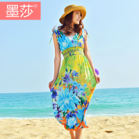 墨莎2015新款肥mm马尔代夫海边度假沙滩裙显瘦大码V领印花中长裙