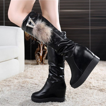 2015秋冬新款弹力女靴瘦腿厚底高筒靴狐狸毛高跟坡跟内增高长靴子