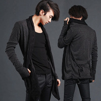 2015韩版修身假两件毛衣开衫堆领潮款披风个性针织衫小外套包邮男
