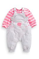 现货英国正品NEXT男女童宝宝爆款粉色条纹长T+绣花猫咪背带裤套装