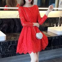 红裙子礼服裙2016秋季韩版大码女装红色结婚回门服蕾丝A字连衣裙