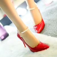 2015秋季新款欧美高跟鞋细跟尖头女性感女鞋一字扣带单鞋红色婚鞋