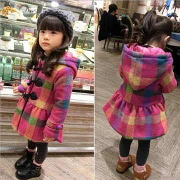 童装2015韩版冬季装女童毛呢棉衣中小童加厚大衣宝宝格子连帽外套