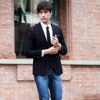 2015青年男士韩版修身小西服男式时尚休闲格子西服上衣英伦小西装