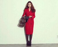 红色中长款毛呢2016新款韩国代购修身显瘦双排扣保暖大衣外套女潮