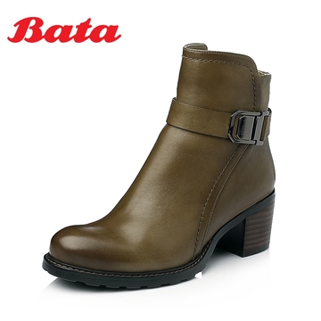Bata/拔佳2015冬季专柜同款牛皮粗跟时尚女靴AZH50DD5