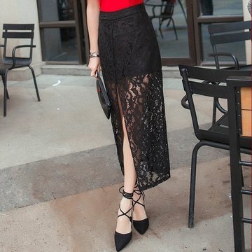 热卖长裙半身2017春夏新款韩版女装百搭高腰开叉性感蕾丝包臀裙