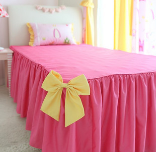 韩国进口可爱儿童房桃红色配黄色蝴蝶结撞色夹棉缝纫床裙床罩