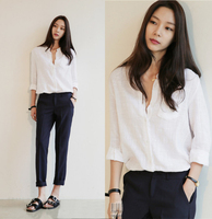 秋装新款韩版2015长袖衬衫女 修身显瘦白色棉麻亚麻女装上衣衬衣