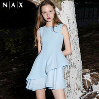 nax2015夏装新款 无袖圆领气质收腰修身荷叶边鱼尾摆连衣裙中长款