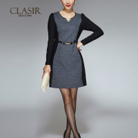 CLASIR/卡莱施2015秋新款中腰显瘦OL气质长袖女装撞色优雅连衣裙