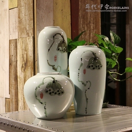 景德镇影青手绘莲藕陶瓷罐子三件套 家居客厅软装装饰品典雅摆件