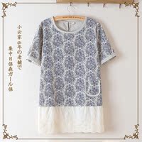 2015夏季女装韩版宽松短袖T恤棉麻复古青花瓷印花T恤半袖亚麻上衣