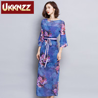 高端定制品牌UKKNZZ 2016夏季新款印花雪纺性感沙滩度假连衣裙