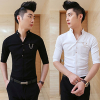 夏季新款韩版潮男中袖衬衫发型师修身立领时尚男生夜店七分袖衬衣