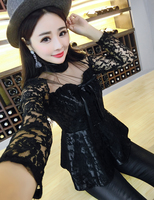 2016秋季韩版时尚个性蕾丝长袖拼接皮衣上衣修身立领黑色短外套