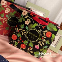 热带花朵纸质礼品包装袋 红黑色简约手提礼物袋饼干铁盒袋购物袋