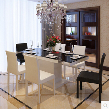 现代简约钢化玻璃可折叠拉伸缩餐桌台椅组合 6人长方形小户型饭桌