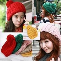 冬季针织毛线帽子批发厂家直销韩国糖果色纯色球球帽女士帽子保暖