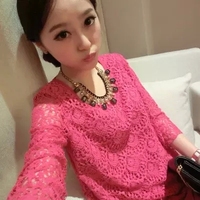 雪纺衫女2015春秋装新款韩版圆领中长款长袖假两件蕾丝T恤打底衫