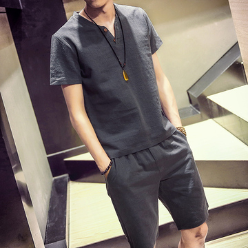 2016夏季新款时尚潮流韩版修身男士棉麻套装两件套男短裤短袖套装