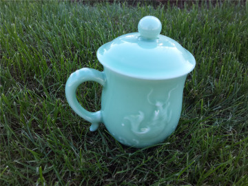 新款龙泉青瓷茶杯办公杯带盖龙鱼茶杯 对杯情侣杯 泡茶瓷器送礼品