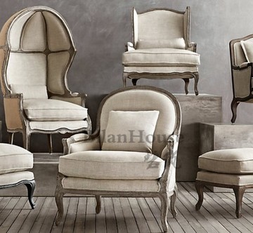 美式法式复古做旧实木单人沙发椅 欧式新古典布艺客厅老虎椅家具