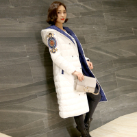 2016韩版冬装女士连帽刺绣双面穿羽绒服女中长款加厚过膝修身外套
