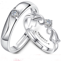 S925镀银开口情侣戒指可刻字男女一对戒子结婚仿真钻戒饰品可调节