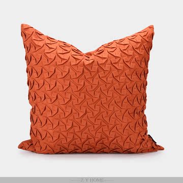 元熙壹品 现代/新中式样板房/沙发靠包/桔红色皮绒几何线编织枕