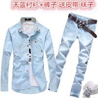 秋冬季韩版男式装长袖牛仔衬衫长裤子套装休闲潮流寸衫衬衣服外套