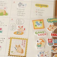 韩版卡通可爱猫咪日记装饰烫金邮票边贴纸/手机贴纸6张入
