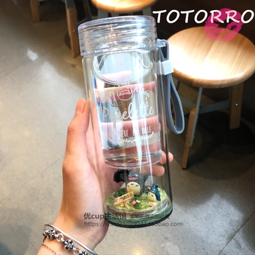 创意可爱微景观龙猫玻璃杯卡通日韩男女学生耐隔热防烫手提水杯子