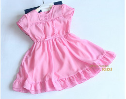 欧美1-7岁女童夏季粉色荷叶边雪纺短袖连衣裙 蝴蝶结糖果色公主裙