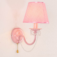 新款美式简约田园儿童水晶壁灯粉色女孩公主卧室书房床头布艺灯具