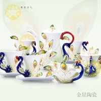 珐琅瓷绿色孔雀咖啡套具茶具手绘鎏金陶瓷创意茶壶杯碟套装礼品瓷