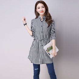 秋季新款女士中长款长袖修身大码新品韩版时尚格子衬衫包邮2016