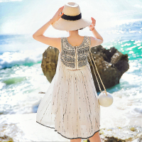 泰国风棉质黑白色复古裙子露背连衣裙手工钉珠短裙旅游度假沙滩裙
