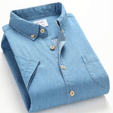2016夏男士纯棉牛仔短袖衬衫扣领尖领修身韩版休闲单口袋牛仔衬衫
