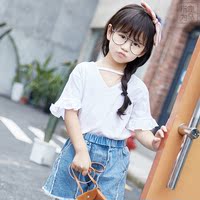 指鹿为马韩版儿童装2016夏季新品女童气质小V领清新T短袖白色上衣