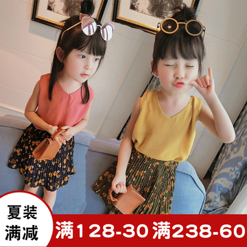 2017夏季新款女童套装韩版休闲风纯色无袖短T雪纺百褶裙两件套潮