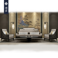 新中式沙发 客厅实木布艺三人长沙发 售楼处印画水曲柳设计师家具