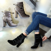 冬季新款百搭绒面高跟短靴欧美粗跟圆头马丁靴黑灰色绑带性感女靴