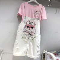 泰国潮牌夏季粉色猫咪T恤女加亮片背带牛仔裙学生气质休闲两件套