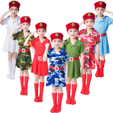儿童迷彩演出服女童短袖迷彩连衣裙红歌合唱表演服幼儿兵娃舞蹈服