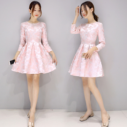 2016新款秋装韩版修身气质印花中裙女装修身一字领九分袖连衣裙女