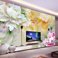 壁纸中式壁画客厅卧室电视背景墙3d立体墙纸现代无缝玉雕壁画牡丹