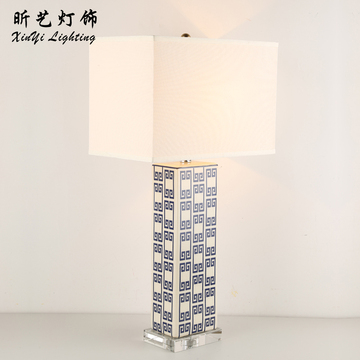新中式方形陶瓷台灯冰裂纹水晶手绘祥云样板房客厅卧室蓝色台灯