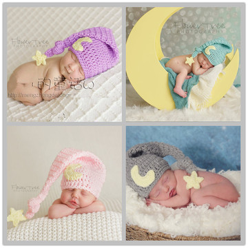 新款儿童摄影服装宝宝拍照毛线帽 婴儿星星月亮造型双胞胎帽子