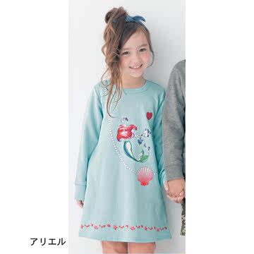 2017春日本新款女童卡通美人鱼中长款套头卫衣纯棉长袖T恤连衣裙